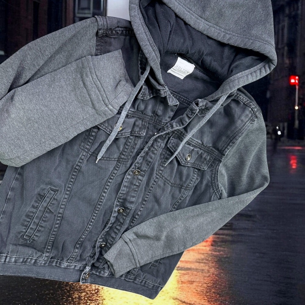 Holton Canvas & Cloth‎ Jacket Men M Grey Denim Fleece Hood Knit Sleeve Shirt